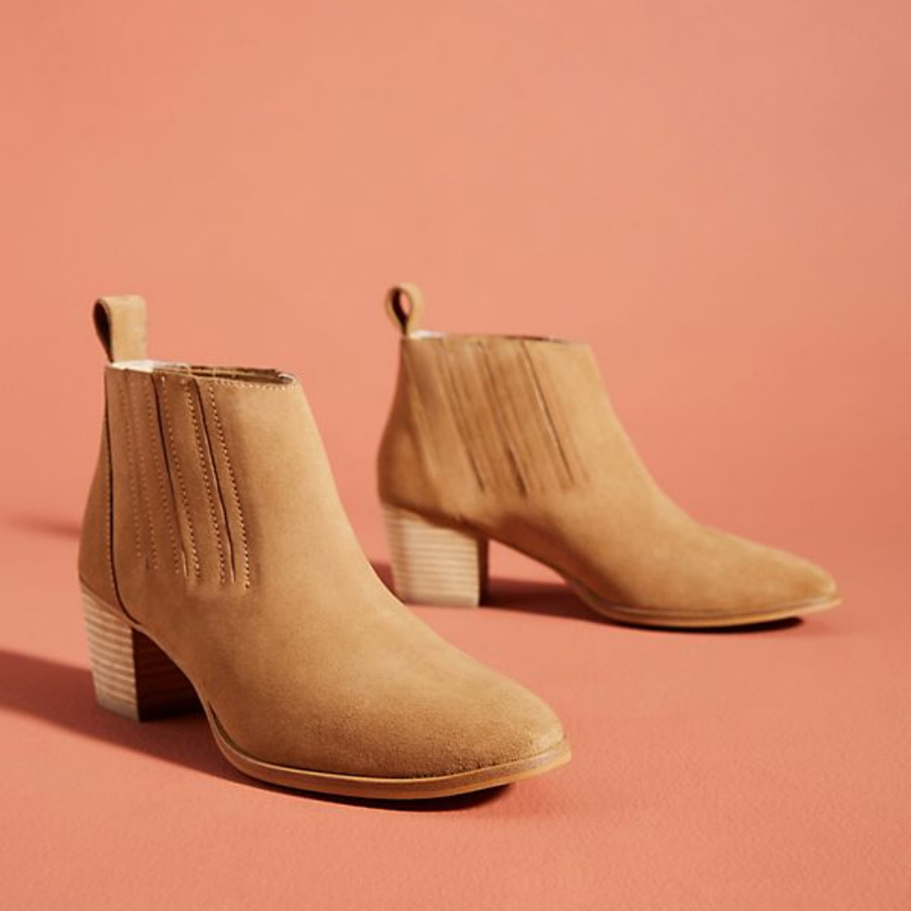 Anthropologie Lena Ankle Boots Suede Leather Booties Neutral Beige Low Heel, 40